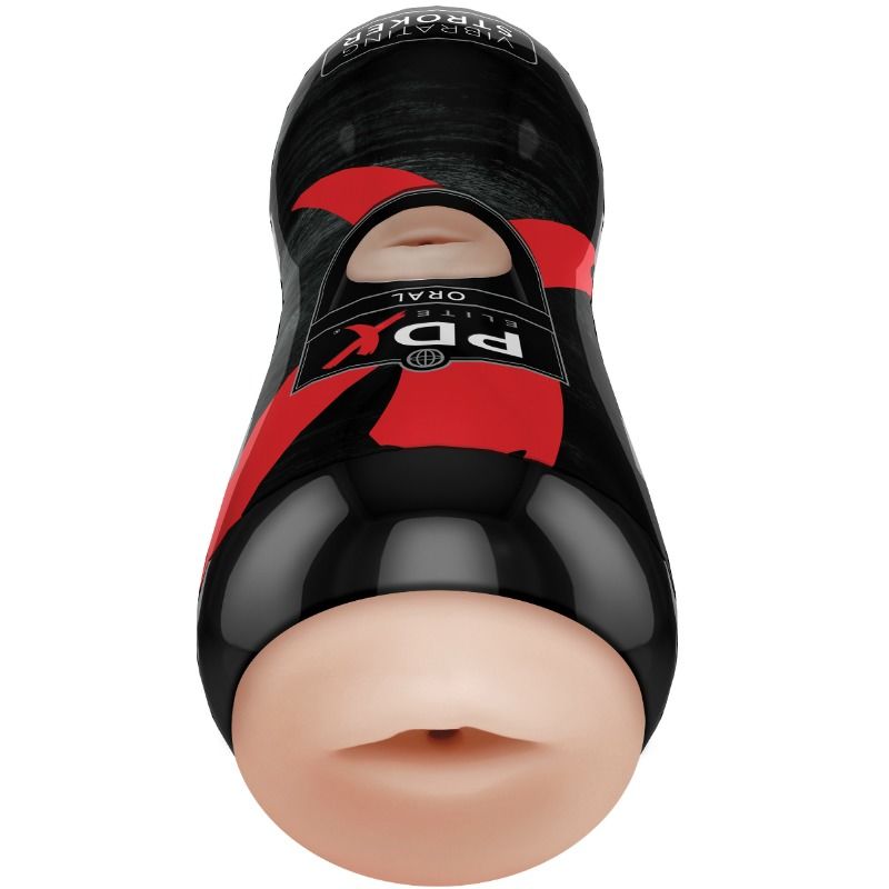 PDX ELITE vibrating mouth masturbator, showcasing realistic texture and design for enhanced pleasure experience.