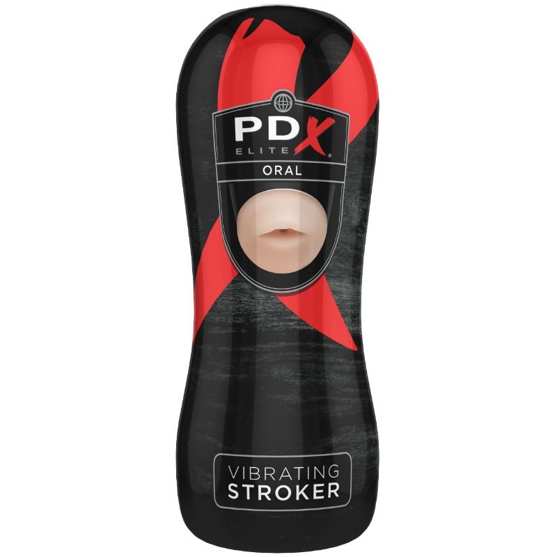 PDX ELITE vibrating oral sex masturbator with realistic mouth design, showcasing intricate details and textures.