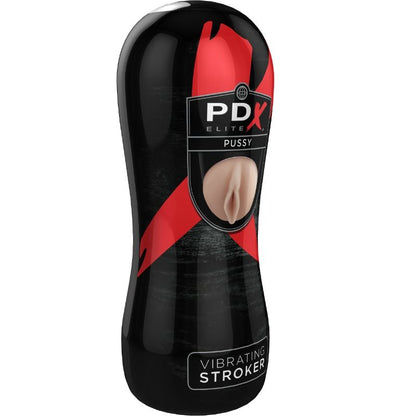 PDX ELITE vaginal masturbator with vibration, showcasing realistic texture and ergonomic design for enhanced pleasure.