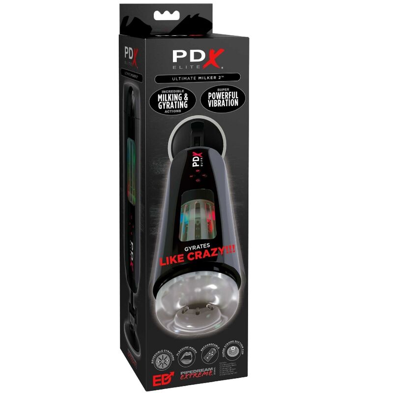 Masturbador PDX ELITE Ultimate Milker con doble motor giratorio y vibrador, diseñado para estimulación intensa y realista.
