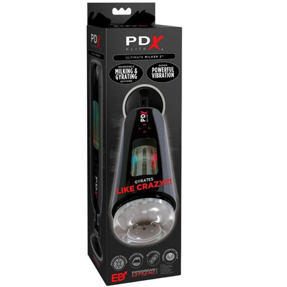 Masturbador PDX ELITE Ultimate Milker con doble motor giratorio y vibrador, diseñado para estimulación intensa y realista.