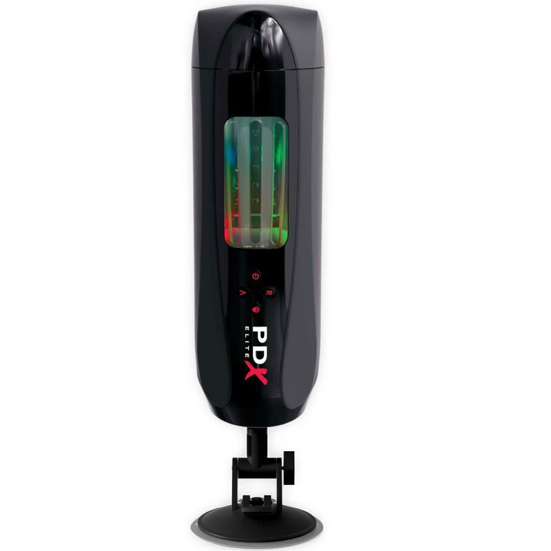 Masturbador PDX ELITE Ultimate Milker con doble acción giratoria y vibradora, diseño realista para placer masculino.