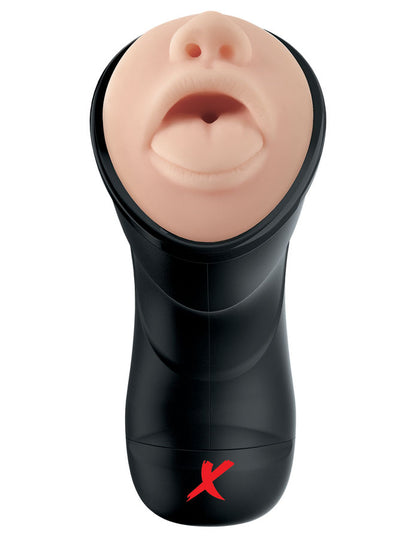 Estuche del PDX ELITE Stroker realista con garganta profunda y vibración, muestra el diseño y detalles del producto para adultos.