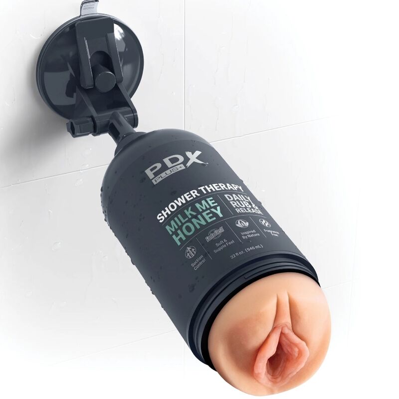 Masturbador PDX PLUS+ Milk Me Honey con diseño discreto tipo bote de champú, material suave y realista para placer íntimo.