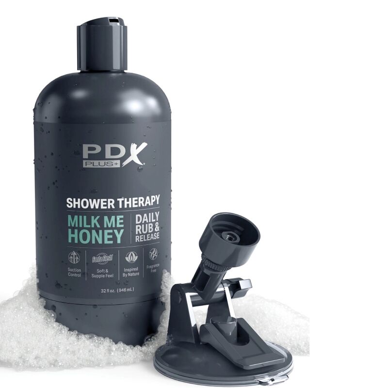 Masturbador PDX PLUS+ de diseño discreto en formato de bote de champú, con textura de leche y miel, para placer íntimo.
