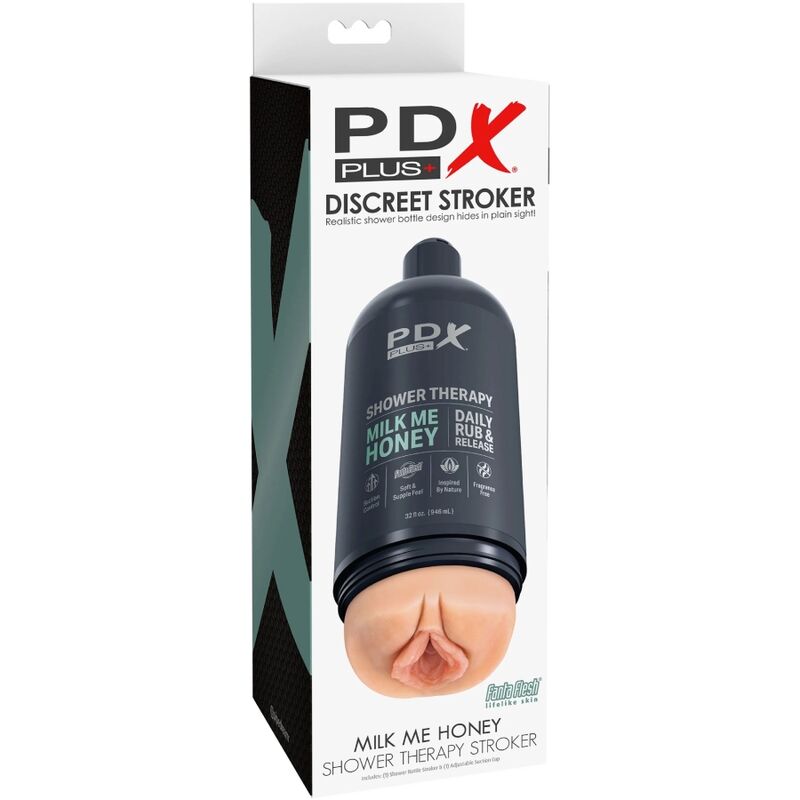 Masturbaror PDX PLUS+ Milk Me Honey con diseño discreto en forma de bote de champú, con textura realista para placer íntimo.