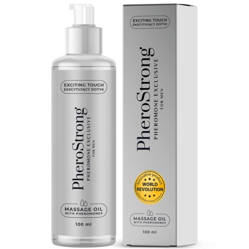 Aceite de masaje exclusivo para hombres de la marca Pherostrong, botella de 100 ml con frascos y tapa.