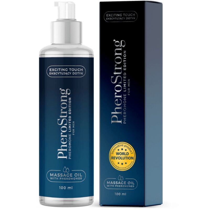 Aceite de masaje para hombre Pherostrong edición limitada, frasco de 100 ml con etiqueta moderna y diseño elegante.