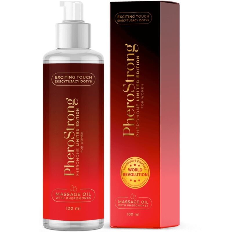 Limited edition PHEROSTRONG massage oil for women in a 100ml bottle, featuring a sleek container and elegant branding.