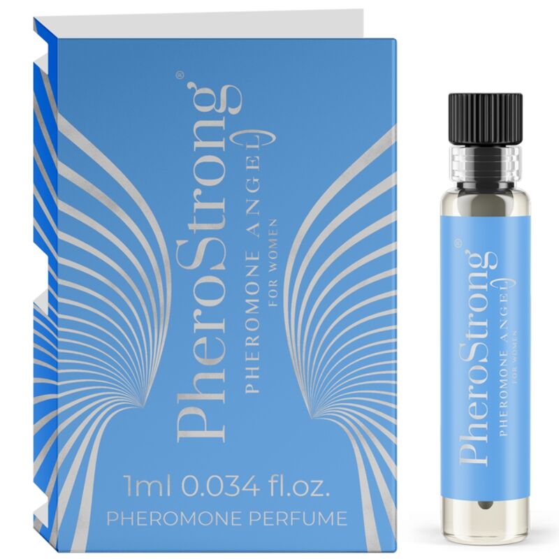 Perfume Pherostrong Angel para mujer con feromonas, frasco de 1 ml, envase compacto y elegante con diseño moderno