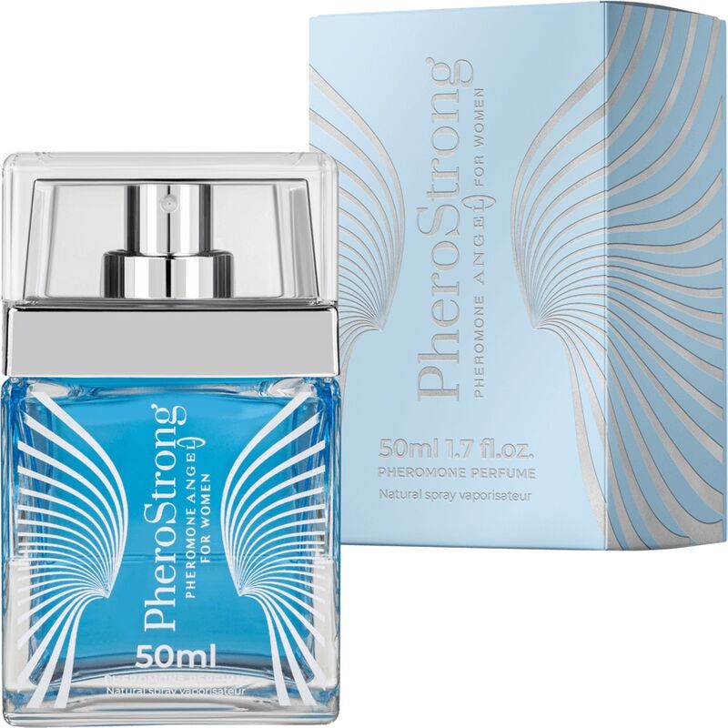 Perfume Pherostrong Angel para mujer con feromonas, frasco de 50 ml, botella elegante y moderna sobre fondo neutro.