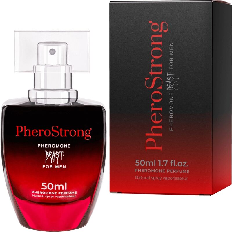Perfume con feromonas PHEROSTRONG Beast para hombre, frasco de 50 ml, con diseño elegante y frasco transparente.