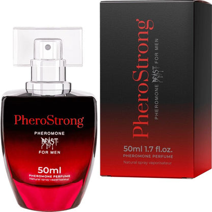 Perfume con feromonas PHEROSTRONG Beast para hombre, frasco de 50 ml, con diseño elegante y frasco transparente.