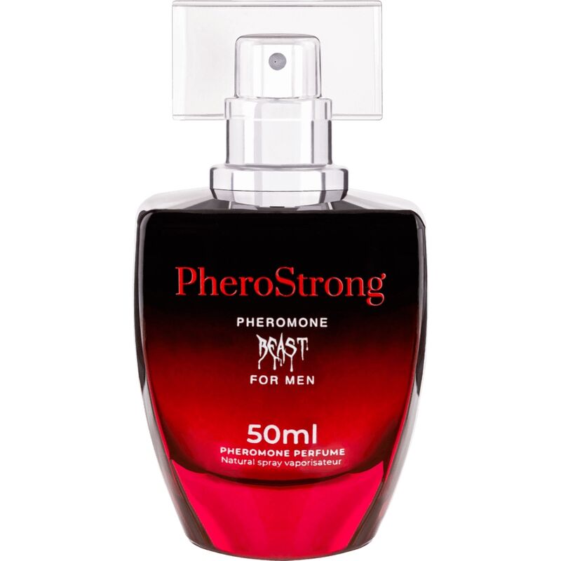 Perfume para hombre Pherostrong Beast con feromonas, frasco de 50 ml, muestra la botella con diseño elegante y etiqueta.