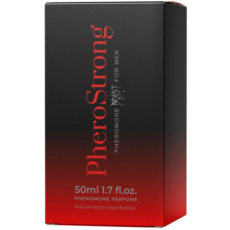 Perfume con feromonas para hombre PHEROSTRONG BEAST de 50 ml, frasco elegante y moderno con diseño distintivo.