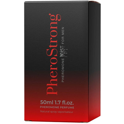 Perfume con feromonas para hombre PHEROSTRONG BEAST de 50 ml, frasco elegante y moderno con diseño distintivo.