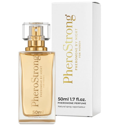 Perfume con feromonas Pherostrong By Night para mujer, frasco de 50 ml, con diseño elegante y etiqueta visible.