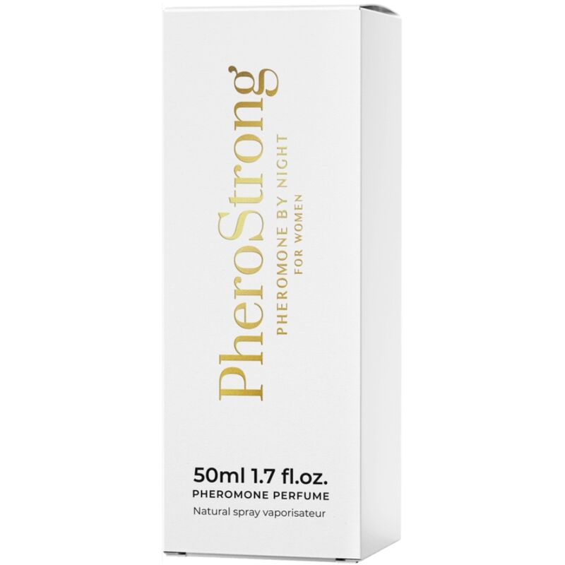 Perfume con feromonas Pherostrong By Night para mujer, frasco de 50 ml, con diseño elegante y botella de perfume.
