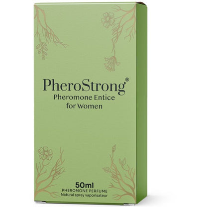 PHEROSTRONG Entice perfume for women in a 50ml bottle, featuring pheromones and elegant packaging.