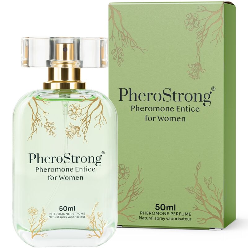 PHEROSTRONG Entice perfume for women with pheromones, 50 ml bottle, elegant packaging and sleek design.