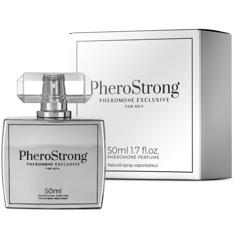 Perfume para hombre Pherostrong con feromonas, frasco de 50 ml, envase elegante y moderno.