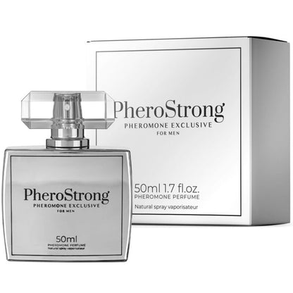 Perfume para hombre Pherostrong con feromonas, frasco de 50 ml, envase elegante y moderno.