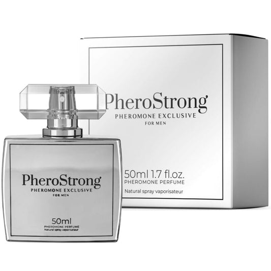 Perfume para hombre Pherostrong con feromonas, frasco de 50 ml, envase elegante y moderno.