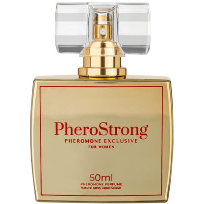 Perfume con feromonas para mujer Pherostrong, botella de 50 ml, frasco elegante y moderno con etiqueta blanca.
