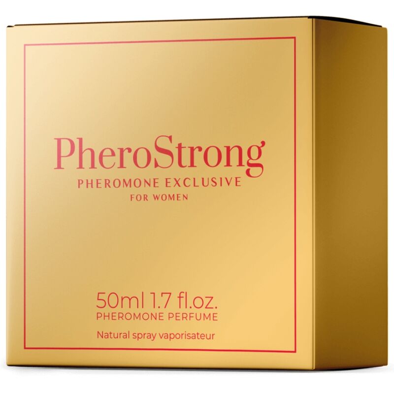 Perfume con feromonas PHEROSTRONG para mujer, frasco de 50 ml, con diseño elegante y botella de perfume en la imagen