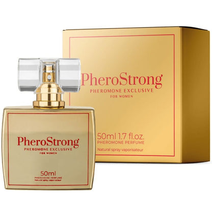 Perfume con feromonas PHEROSTRONG para mujer, frasco de 50 ml, envase con diseño elegante y aroma exclusivo.