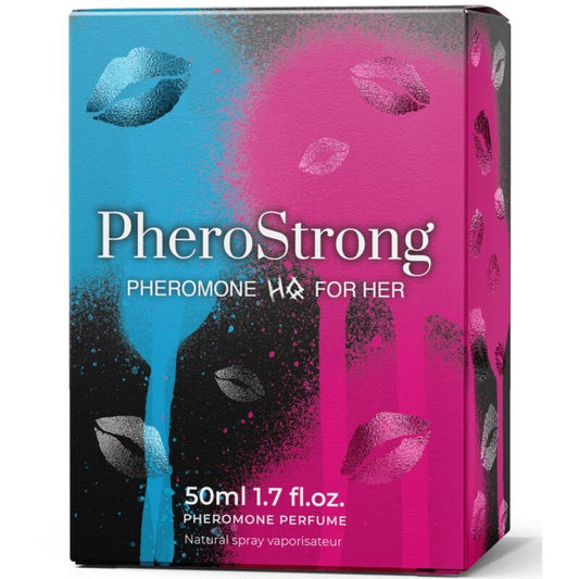 Perfume PHEROSTRONG con feromonas para ella, frasco de 50 ml, muestra el envase elegante y la etiqueta del producto.