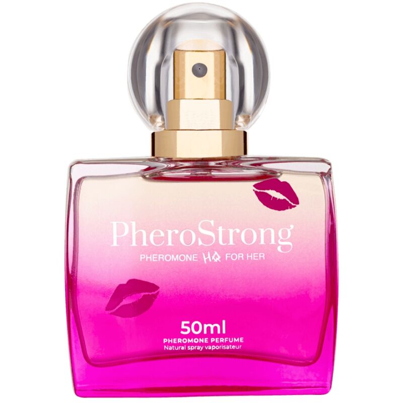 Perfume con feromonas PHEROSTRONG para mujer, frasco de 50 ml, muestra la botella y etiqueta del perfume HQ para ella.