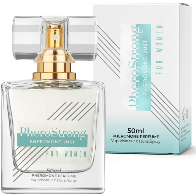 Perfume PHEROSTRONG para mujer con feromonas, bote de 50 ml, frasco elegante y discreto sobre fondo neutro.