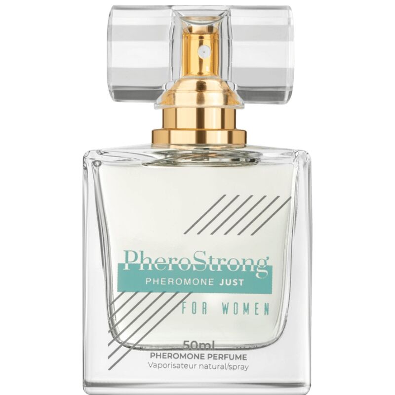 Perfume Pherostrong para mujer con feromonas, frasco de 50 ml, botella transparente con etiqueta blanca y detalles en rosa