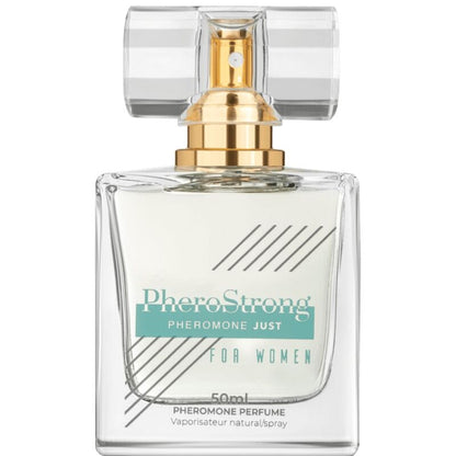 Perfume Pherostrong para mujer con feromonas, frasco de 50 ml, botella transparente con etiqueta blanca y detalles en rosa