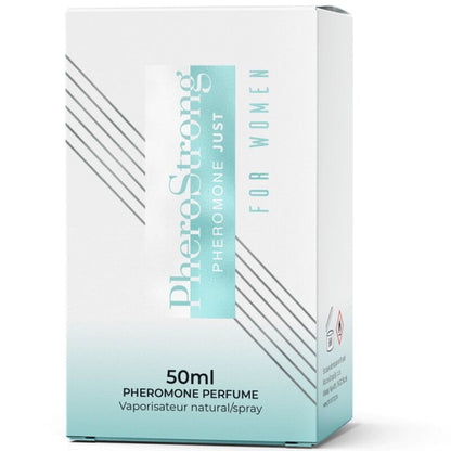 Perfume PHEROSTRONG con feromonas para mujer, frasco de 50 ml, botella elegante y moderna.