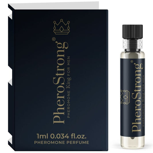 Perfume con feromonas PHEROSTRONG King para hombre en botella de 1 ml, frasco compacto y elegante.