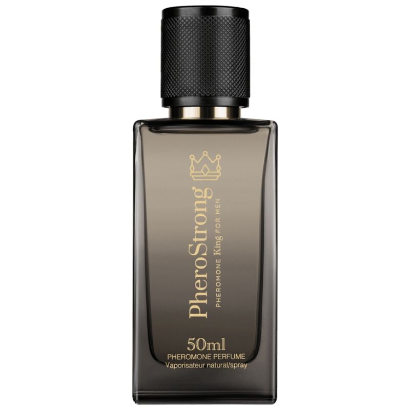 Perfume Pherostrong King para hombre con feromonas, frasco de 50 ml, botella elegante y moderna en la imagen.