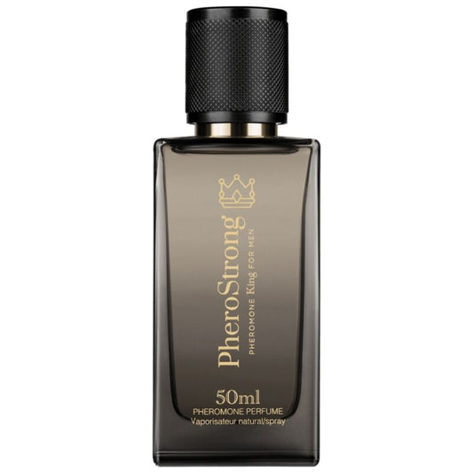 Perfume Pherostrong King para hombre con feromonas, frasco de 50 ml, botella elegante y moderna en la imagen.