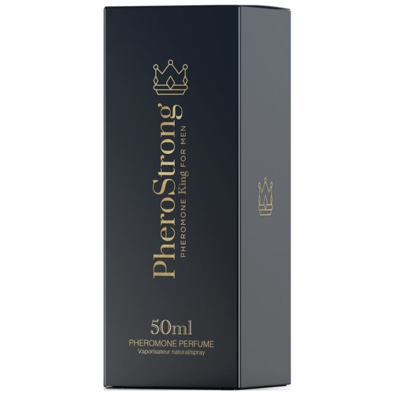 Perfume con feromonas Pherostrong King para hombre, botella de 50 ml, frasco elegante y moderno.