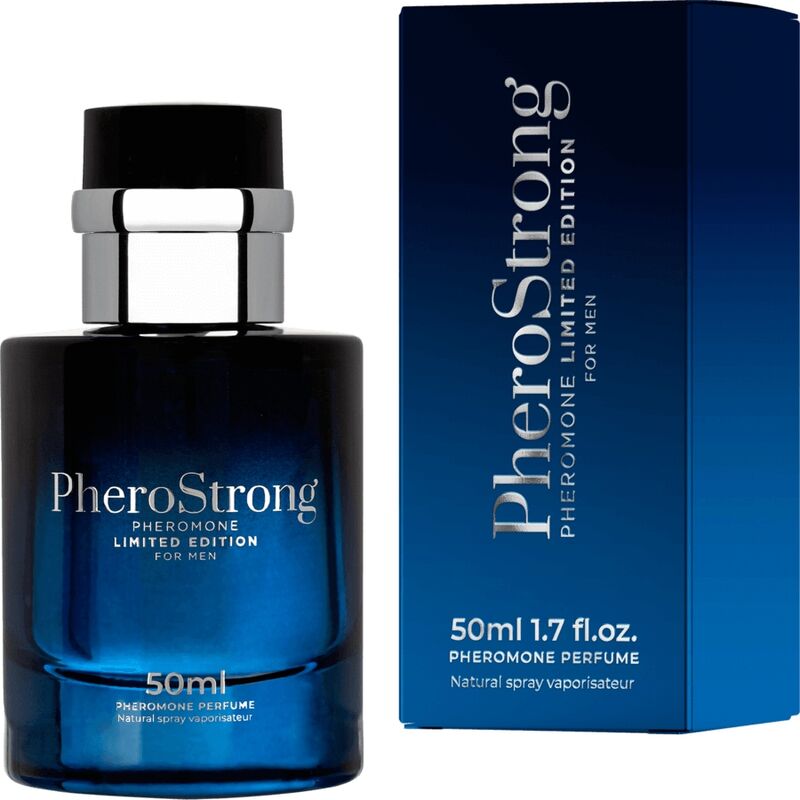 Perfume con feromonas Pherostrong edición limitada para hombre, frasco de 50 ml, con diseño elegante y moderno.