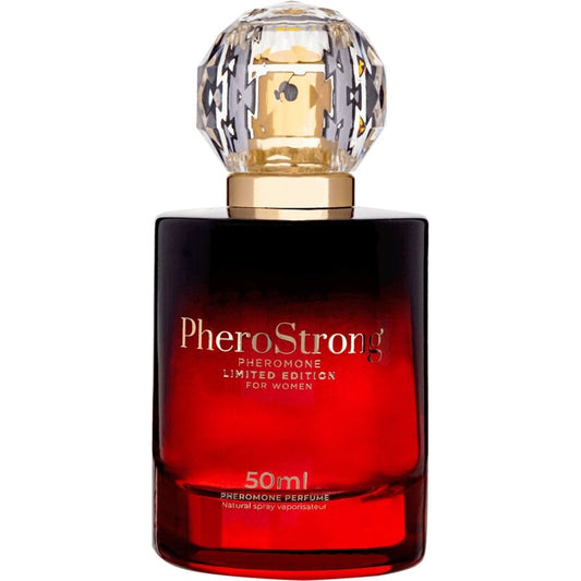 Perfume con feromonas Pherostrong Limited Edition para mujer, botella de 50 ml con diseño elegante y frasco transparente.
