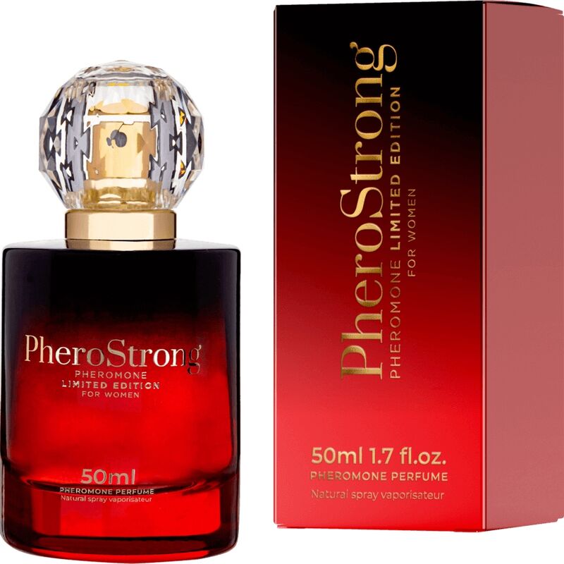 Perfume PHEROSTRONG con feromonas para mujer, edición limitada, frasco de 50 ml, botella elegante y moderna.