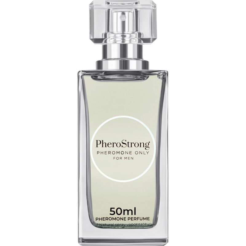 Perfume para hombre PHEROSTRONG con feromonas, frasco de 50 ml, envase con etiqueta y diseño elegante.