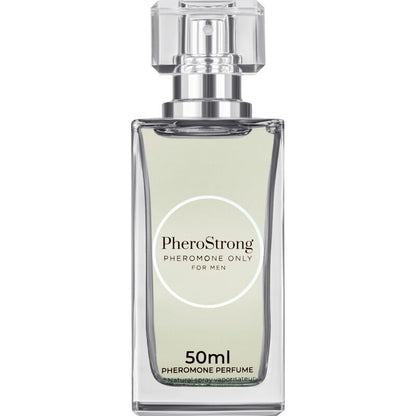 Perfume para hombre PHEROSTRONG con feromonas, frasco de 50 ml, envase con etiqueta y diseño elegante.