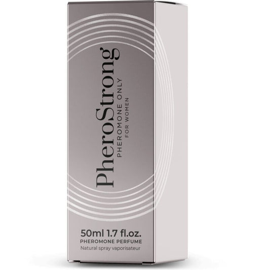 Perfume PHEROSTRONG con feromonas para mujer, frasco de 50 ml, botella elegante y moderna.