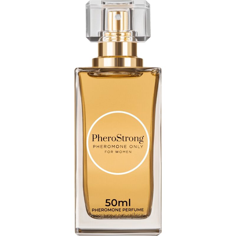 Perfume con feromonas para mujer PHEROSTRONG, frasco de 50 ml con diseño elegante y etiqueta visible.