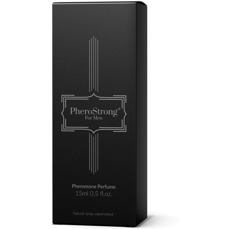 Perfume con feromonas para hombre PHEROSTRONG, frasco de 15 ml, con diseño elegante y etiqueta visible.