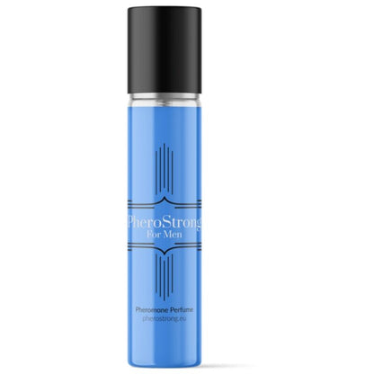 Perfume PHEROSTRONG con feromonas para hombre, frasco de 15 ml, muestra el envase y el diseño del producto.