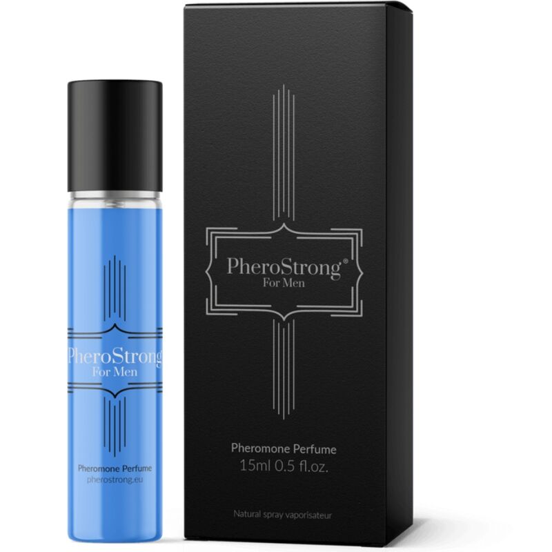 Perfume con feromonas para hombre PHEROSTRONG en frasco de 15 ml, con diseño y etiqueta visible en la imagen.
